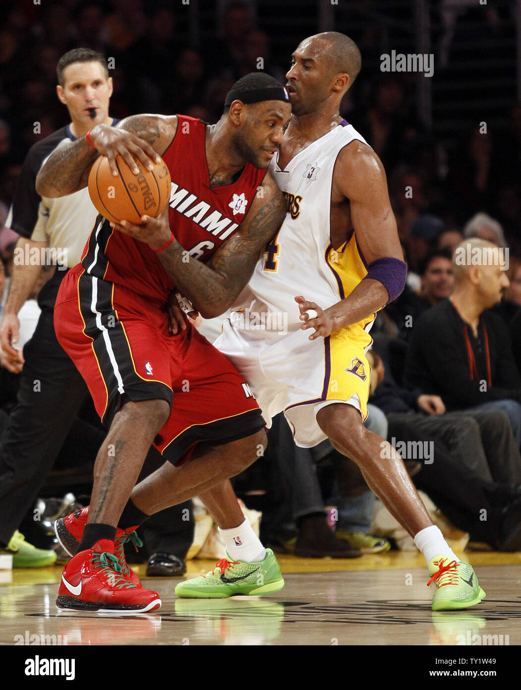 Miami Heat small forward LeBron James (6) and Los Angeles Lakers shooting guard Kobe Bryant (24) in the second half of  their NBA basketball game in Los Angeles on December  25, 2010.   UPI/Lori Shepler Stock Photo