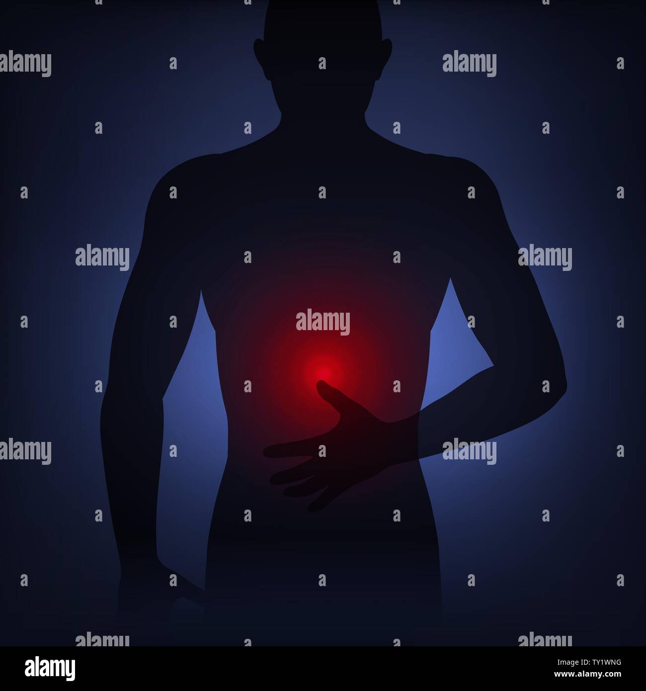 Man silhouette holds hand to pain point on stomach, stomach ache