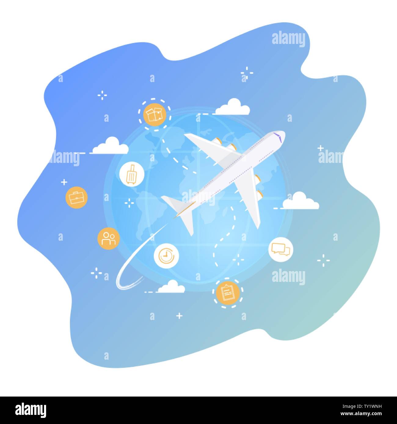 Global logistics Air cargo transportation, top view planes flying over the world. Vector illustration concept for commercial air shipping service. Stock Vector