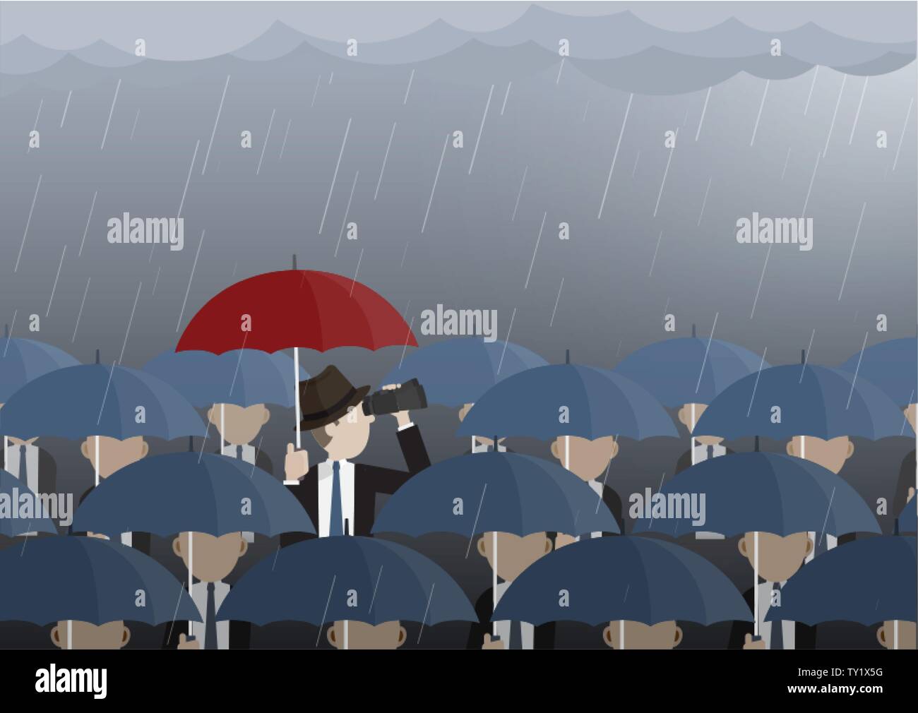 Business man looking through binoculars while get caught in rain. Vector illustration business vision, problem solving, creative, Leadership concept. Stock Vector