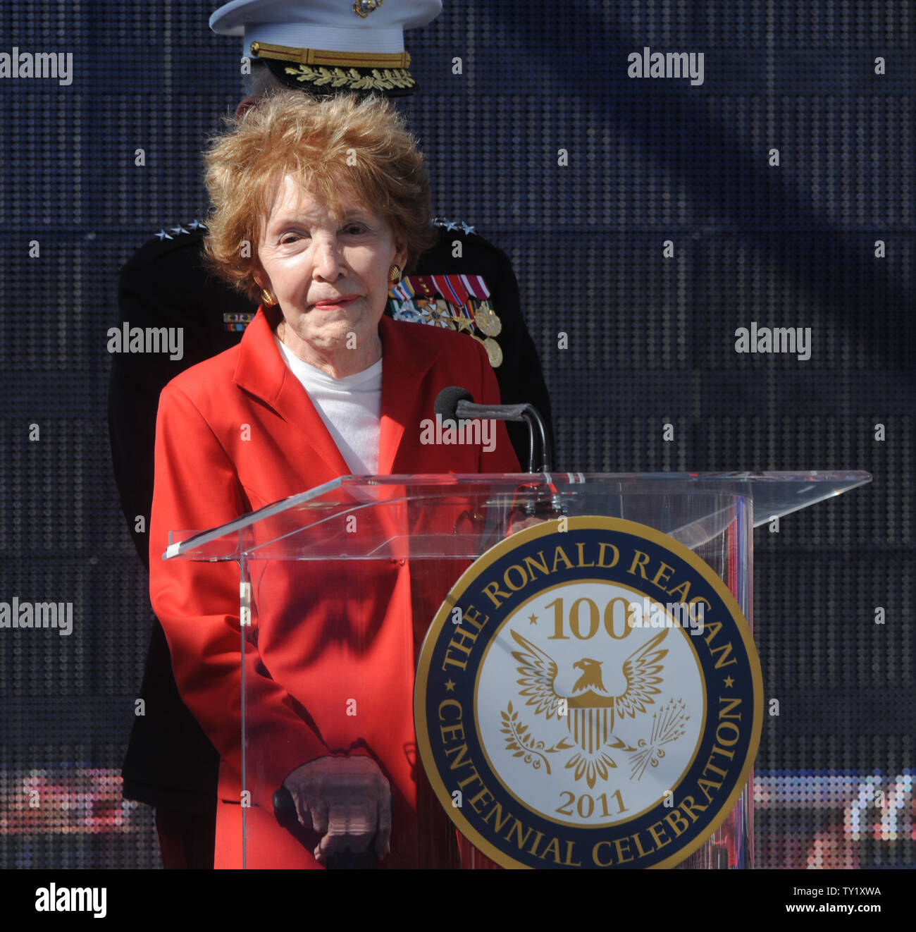 Former first lady Nancy Reagan speaks following a wreath laying ...