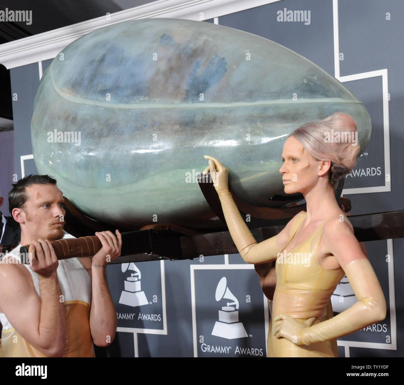Lady Gaga arrives at the 53rd Grammy Awards carried in an egg at ...
