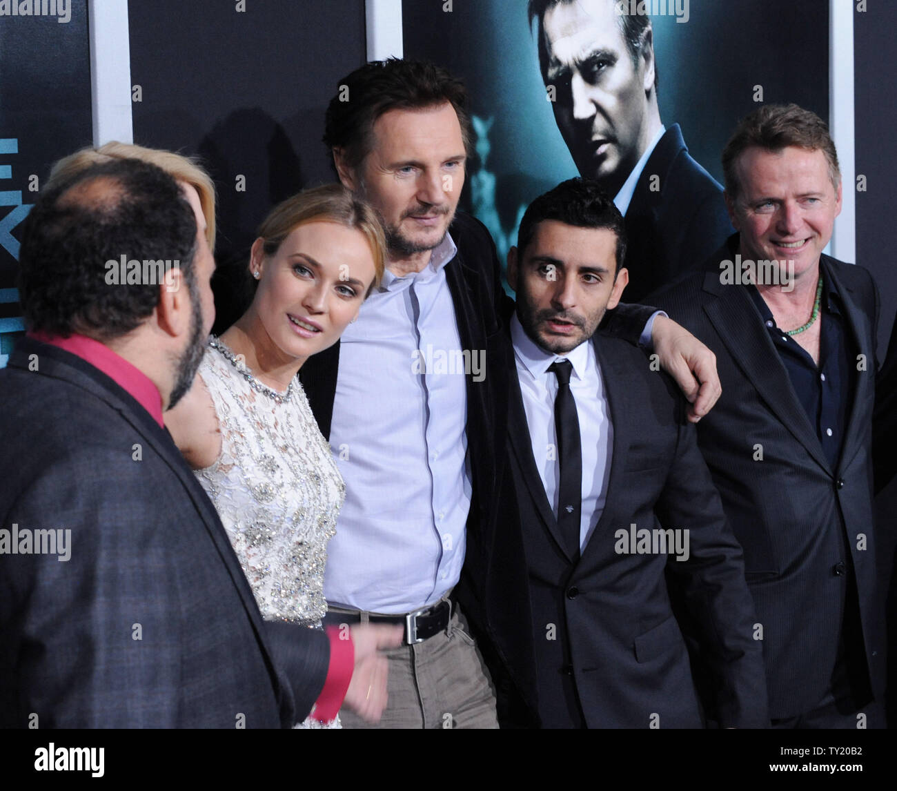 Jaume Collet-Serra (4th-L) , who directed the motion picture thriller 'Unknown', poses with cast members Diane Kruger, Liam Neeson, (Collet-Serra) and Aidan Quinn (L-R) on the red carpet during the premiere of the film at The Mann Village Theatre in Los Angeles on February 16, 2011.  UPI/Jim Ruymen Stock Photo