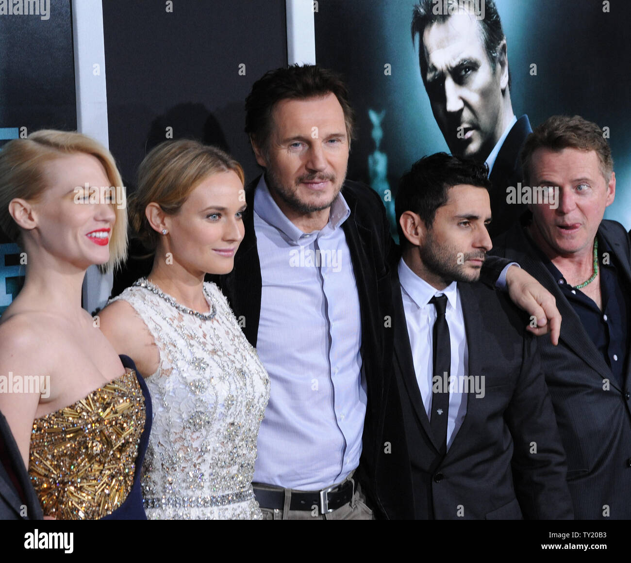 Jaume Collet-Serra (4th-L) , who directed the motion picture thriller 'Unknown', poses with cast members January Jones, Diane Kruger, Liam Neeson, (Collet-Serra) and Aidan Quinn (L-R) on the red carpet during the premiere of the film at The Mann Village Theatre in Los Angeles on February 16, 2011.  UPI/Jim Ruymen Stock Photo