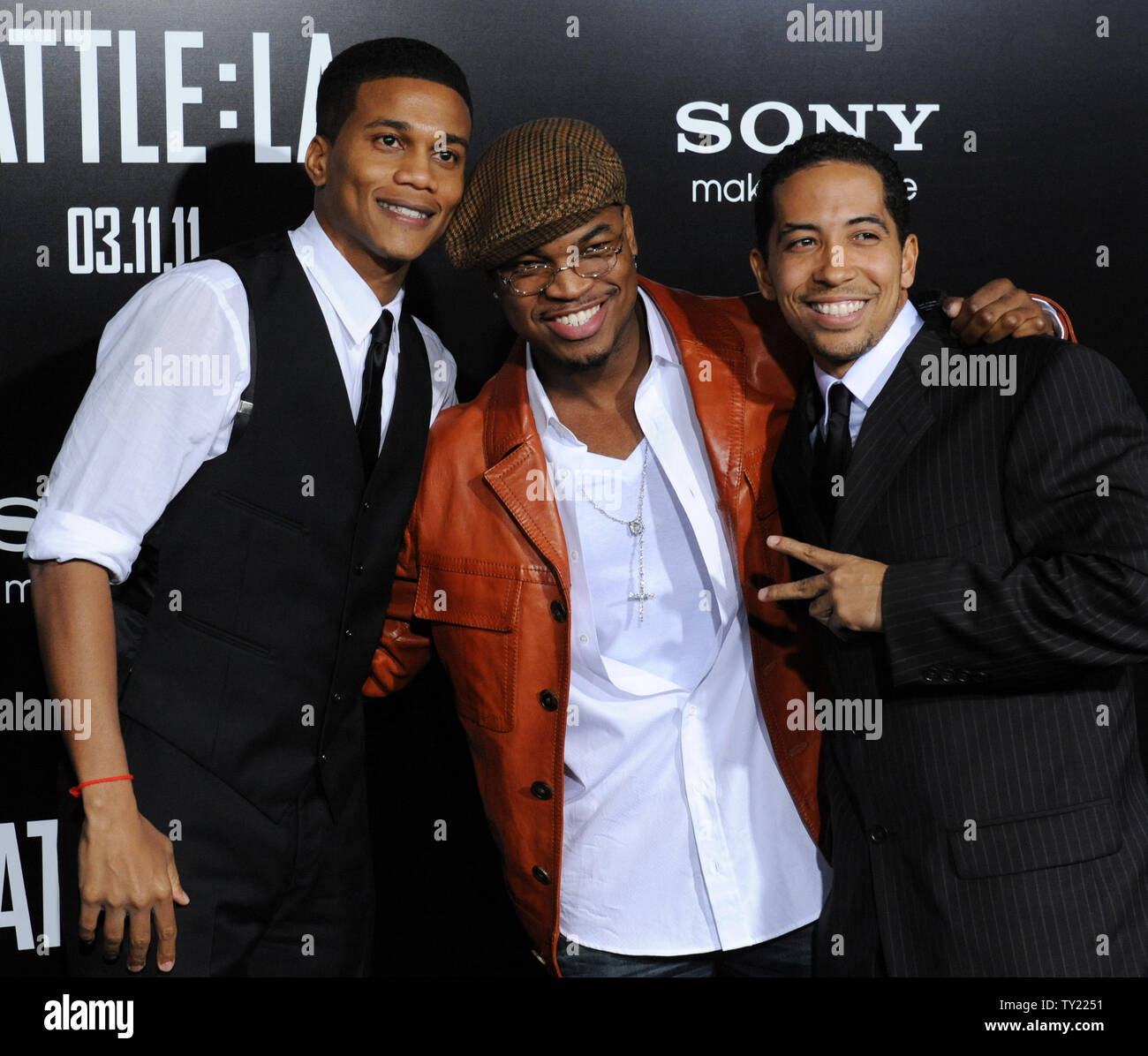 Cory Hardrict Ne Yo And Neil Brown Cast Members In The Motion Picture Sci Fi Thriller Battle Los Angeles Gather On The Red Carpet During The Premiere Of The Film At The Regency Village