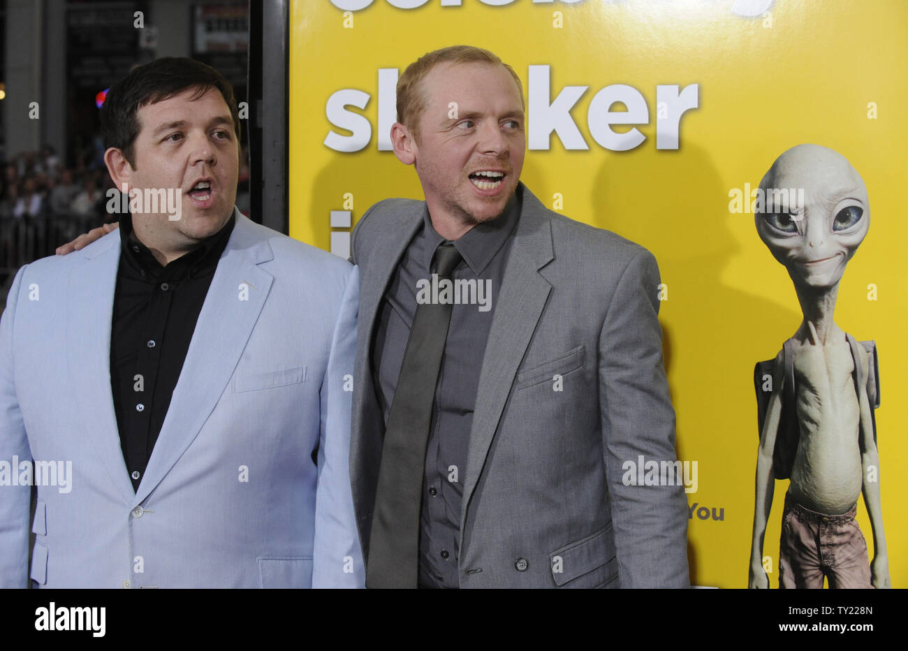 Cast members Nick Frost (L) and Simon Pegg attend the premiere of 'Paul' held at Grauman's Chinese Theatre in the Hollywood section of Los Angeles on March 14, 2011.     UPI/Phil McCarten Stock Photo