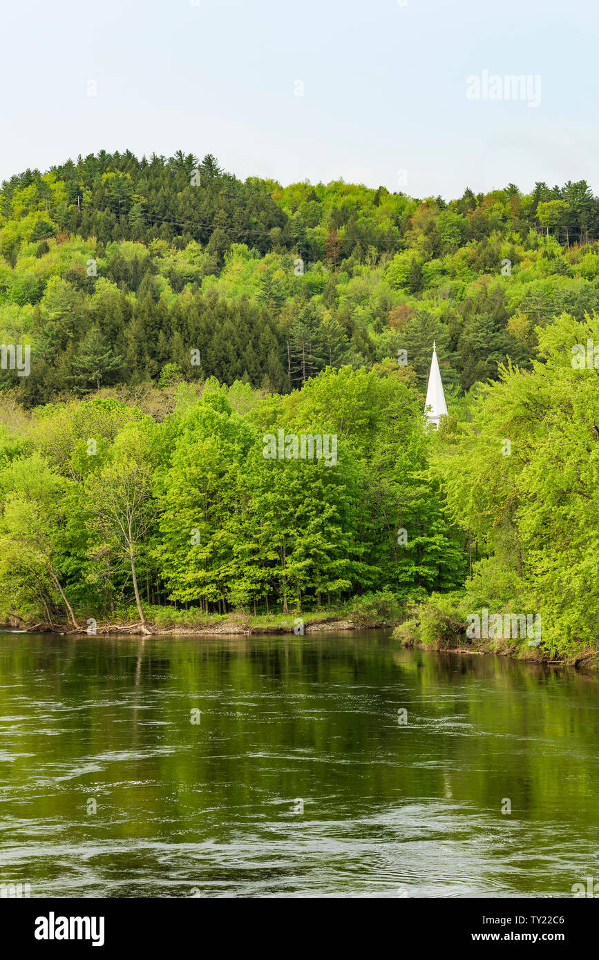 Church steeple and new spring leaves along the Connecticut River, Vermont Stock Photo