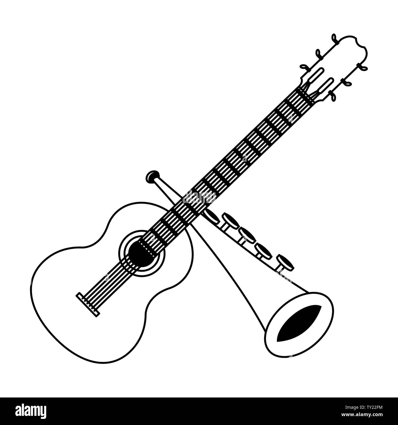 guitar and trumpet icon cartoon in black and white Stock Vector Image
