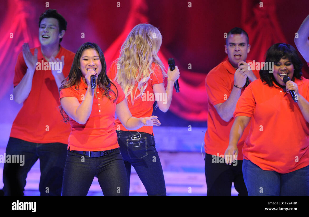 Chris Colfer, Jenna Ushkowitz, Heather Morris, Mark Salling and Amber Riley perform on the Glee! concert tour at Staples Center in Los Angeles on May 28, 2011.   UPI/Jim Ruymen Stock Photo