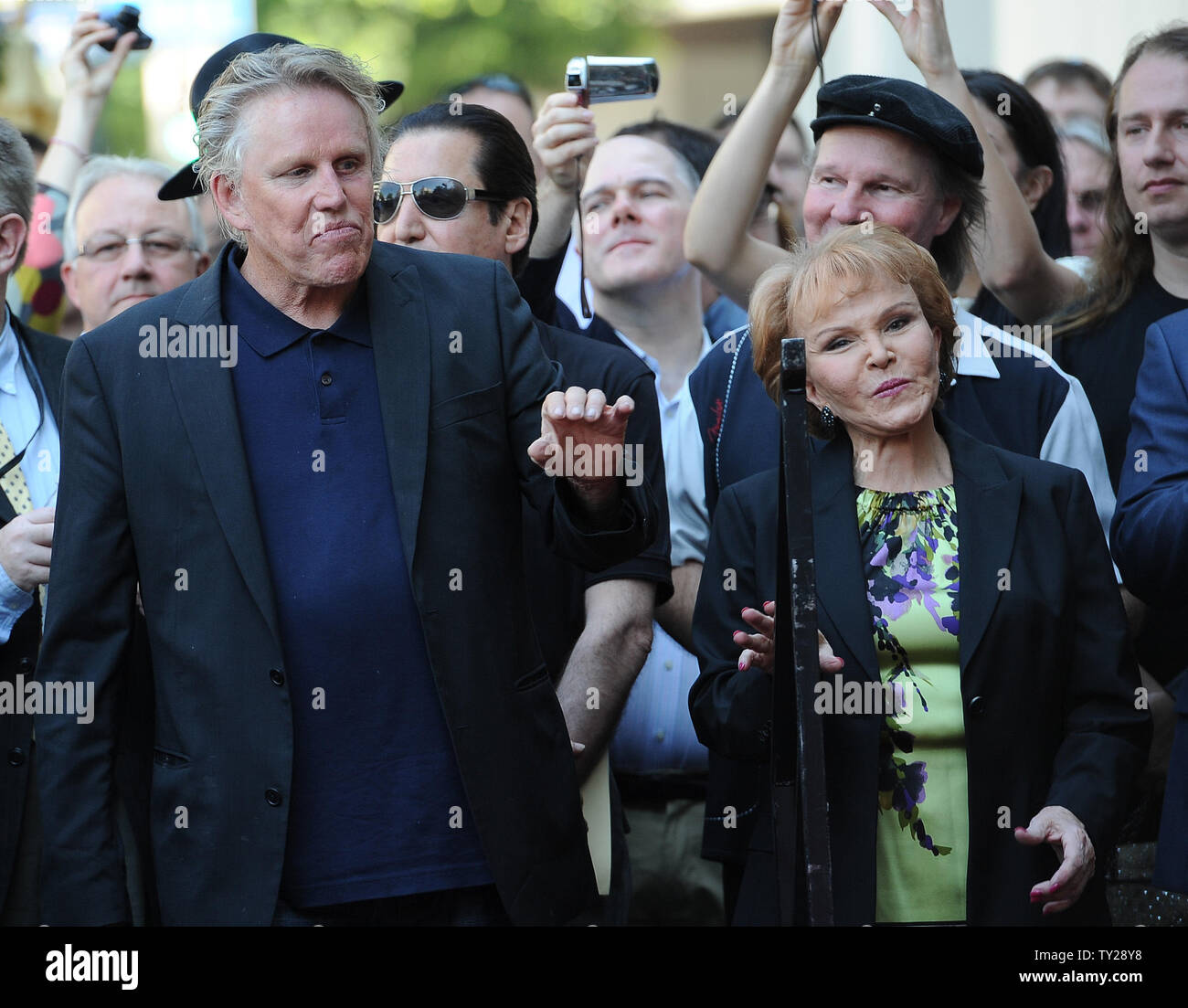 The late Buddy Holly received a posthumous star on Hollywood's Walk of Fame on his 75th birthday on Vine Street in front of The Capitol Records Building in Los Angeles on September 7, 2011.  Gary Busey and Maria Elena Holly wait for their turn to speak at the event.  UPI/Jayne Kamin-Oncea Stock Photo