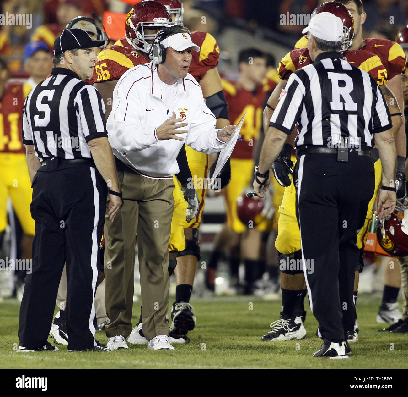 USC Lane Kiffin argues with the referees at the end of regulation against Stanford at the Coliseum in Los Angeles on October 29, 2011. Stanford won 56-48. UPI/Lori Shepler Stock Photo