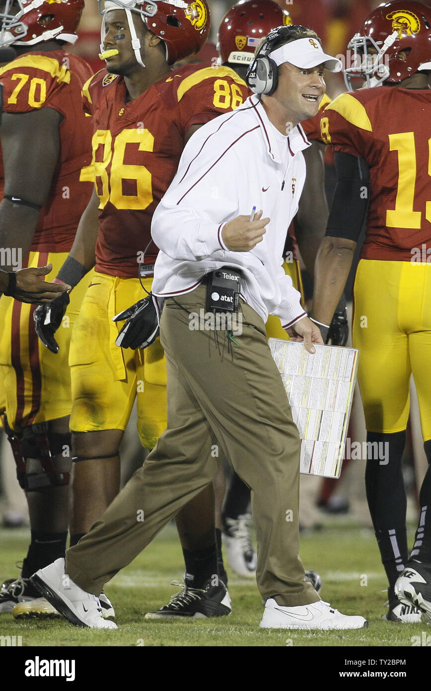 USC Lane Kiffin argues with the referees at the end of regulation against Stanford at the Coliseum in Los Angeles on October 29, 2011. Stanford won 56-48. UPI/Lori Shepler Stock Photo