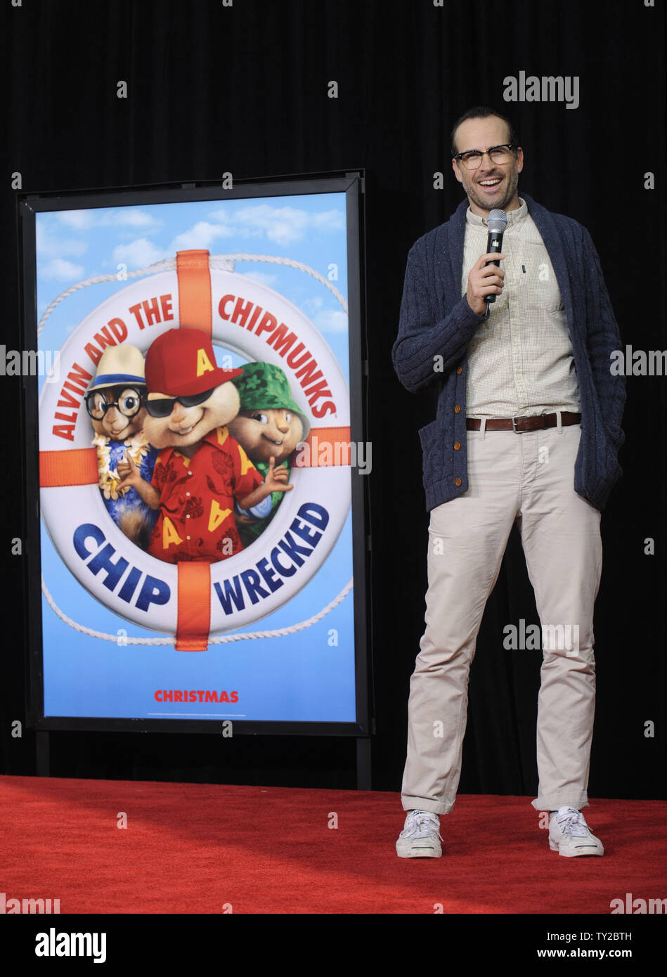 Actor Jason Lee speaks at a ceremony where Alvin and the Chipmunks are honored with a hand & footprint ceremony in the courtyard of Grauman's Chinese Theatre in the Hollywood section of Los Angeles on November 1, 2011.      UPI/Phil McCarten Stock Photo