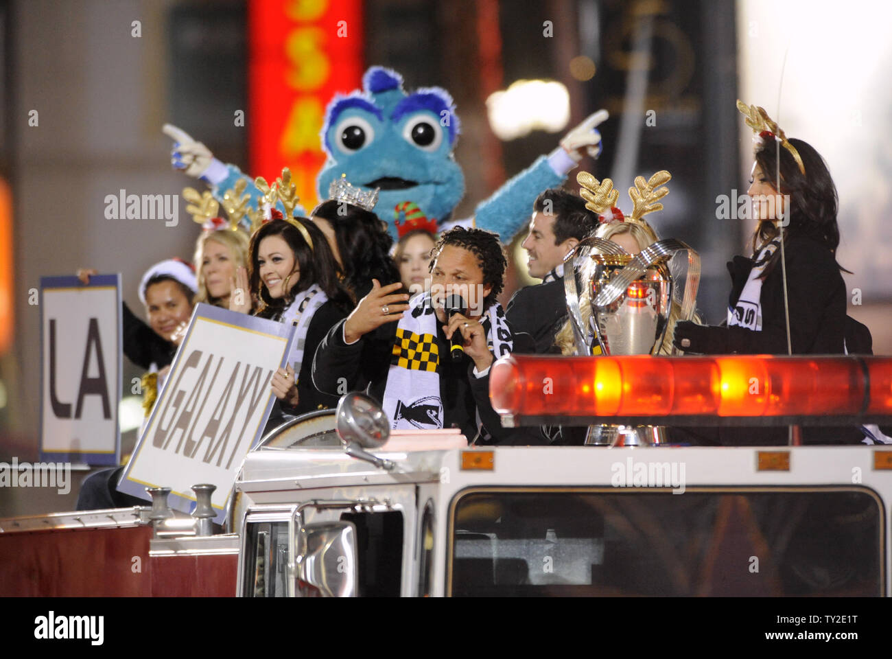 LA Galaxy team members and staff ride in the 80th annual Hollywood Christmas Parade in the Hollywood section of Los Angeles on November 27, 2011.      UPI/ Phil McCarten Stock Photo