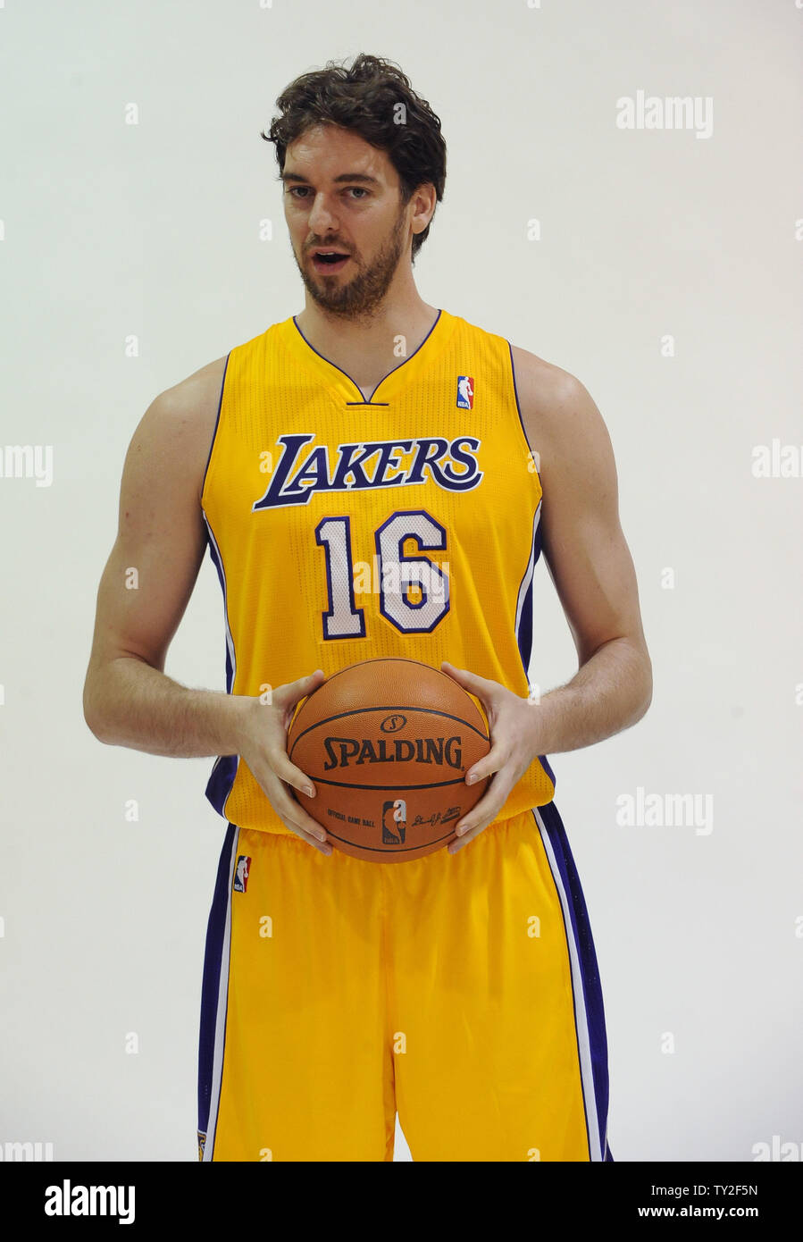 Los Angeles Lakers' Pau Gasol poses for photos during the basketball team's  media day at the Lakers training facility in El Segundo, California on  September 25, 2010. The Lakers will try to