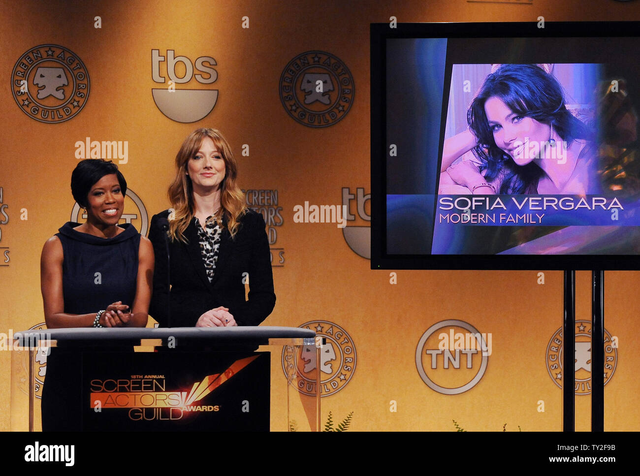 Actresses Regina King (L) and Judy Greer announce nominations for the 18th annual Screen Actors Guild Awards in West Hollywood, California on December 14, 2011. Sofia Vergara was nominated for outstanding performance by a female actor in a comedy series for 'Modern Family'. The SAG Awards will be held in Los Angeles on January 29, 2011. UPI/Jim Ruymen Stock Photo