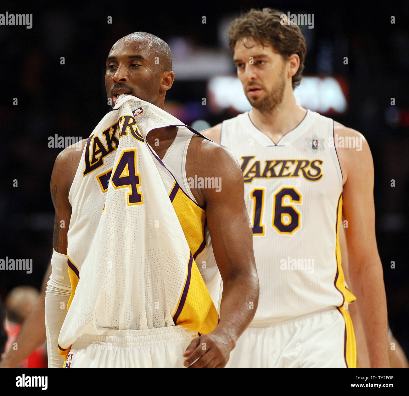 Los Angeles Lakers shooting guard Kobe Bryant (24) and Pau Gasol walk off the court in a timeout against the Chicago Bulls in the first half of their NBA basketball game in Los Angeles on December 25, 2011.    UPI/Lori Shepler Stock Photo