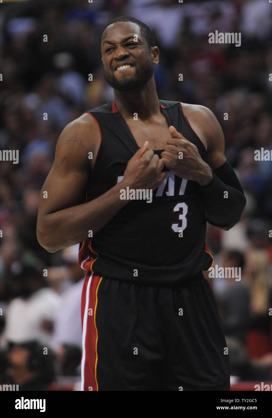 Miami Heat shooting guard Dwyane Wade (3) reacts to a refs call against the Los Angeles Clippers in the second half of  their NBA basketball game in Los Angeles on January 11, 2012.  The Clippers won 95-89.  UPI/Lori Shepler Stock Photo