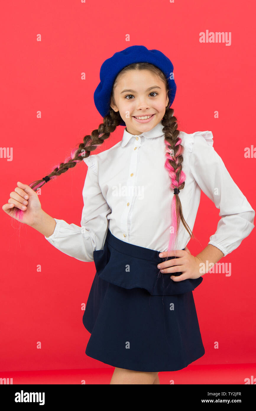 Do you speak french. School fashion concept. Schoolgirl wear formal school uniform and beret hat. Child beautiful girl long braided hair. Fancy style. Little girl with braids ready for school Stock Photo - Do you speak french. School fashion concept. Schoolgirl wear formal school uniform and beret hat. Child beautiful girl long braided hair. Fancy style. Little girl with braids ready for school Stock Photo -