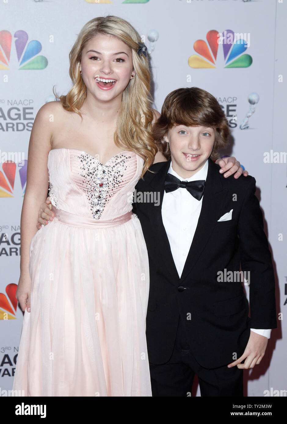 Actress Stefanie Scott and actor Jake Short arrive at the 43rd NAACP Image  Awards at the Shrine Auditorium in Los Angeles on February 17, 2012.  UPI/Danny Moloshok Stock Photo - Alamy