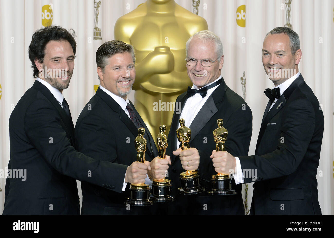 Bill Westenhofer, Guillaume Rocheron, Erik-Jan De Boer and Donald R. Elliott holds their Oscars for Achievement in Visual Effects for 'Life of Pi'  backstage at the 85th Academy Awards at the Hollywood and Highland Center in the Hollywood section of Los Angeles on February 24, 2013. UPI/Phil McCarten Stock Photo