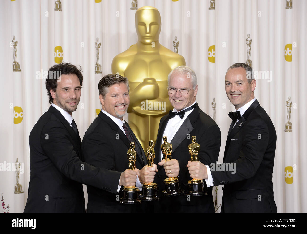 Bill Westenhofer, Guillaume Rocheron, Erik-Jan De Boer and Donald R. Elliott holds their Oscars for Achievement in Visual Effects for 'Life of Pi'  backstage at the 85th Academy Awards at the Hollywood and Highland Center in the Hollywood section of Los Angeles on February 24, 2013. UPI/Phil McCarten Stock Photo