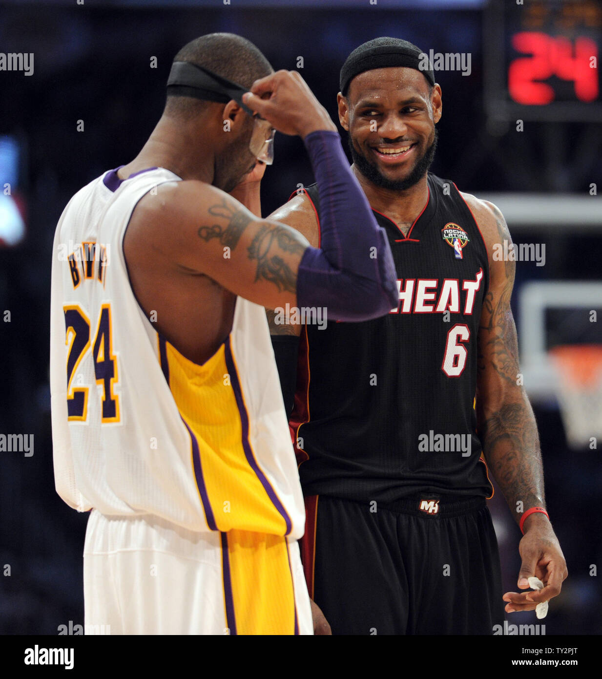 Los Angeles Lakers shooting guard Kobe Bryant (24) and Miami Heat small forward LeBron James (6) in the first half of  their NBA basketball game in Los Angeles on March 4, 2012.    UPI/Lori Shepler Stock Photo