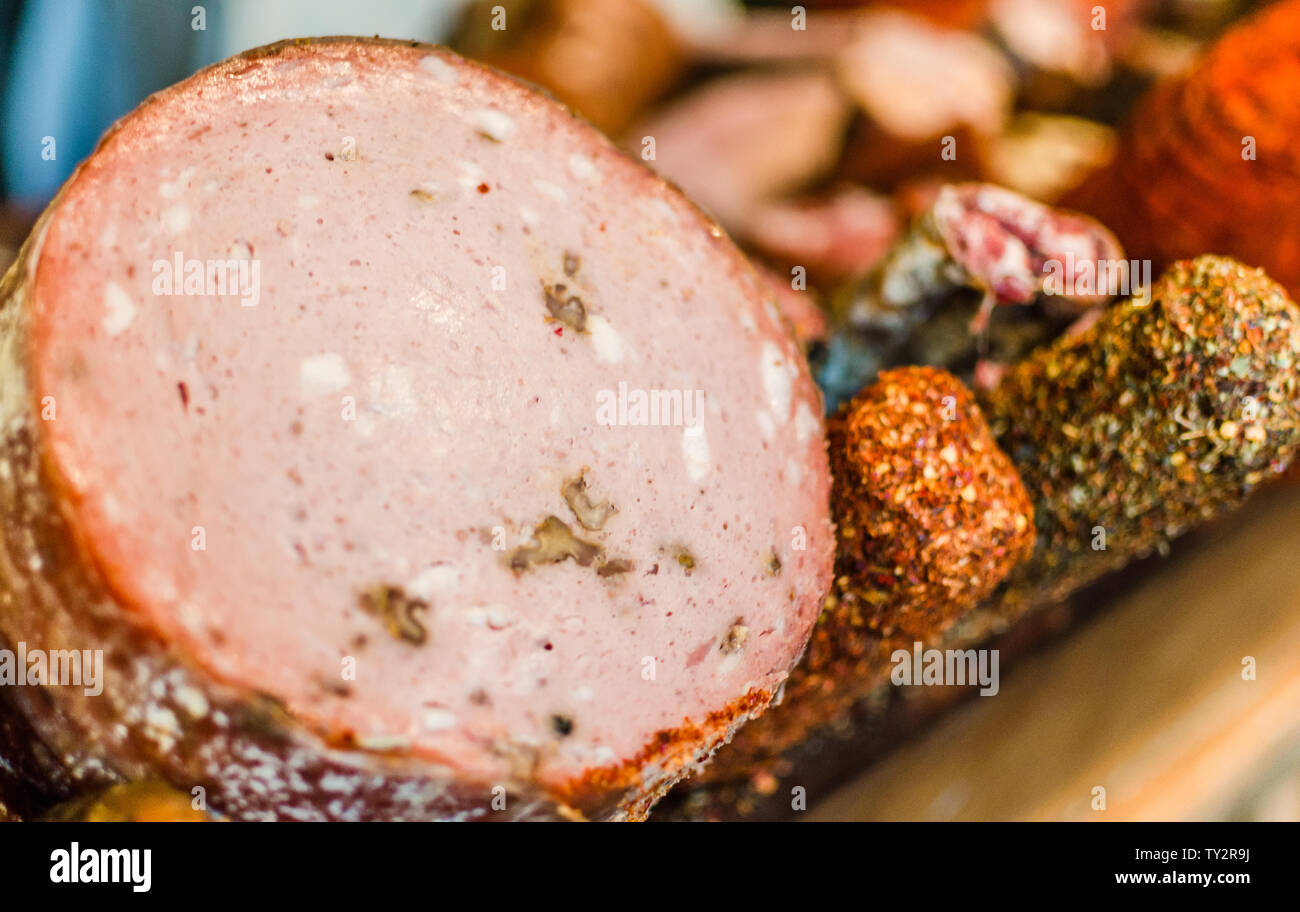 Selection of traditional Italian cured meats and sausages, selective focus Stock Photo