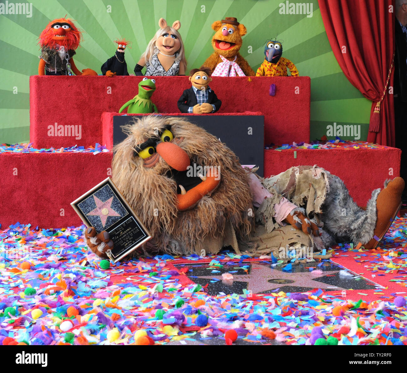 Muppets Animal, Pepe, Miss Piggy, Fozzie, Gonzo, (L-R, rear) and Kermit, Walter and Sweetums attend the Inimitable Muppets unveiling ceremony honoring The Muppets  with the 2,466th star on the Hollywood Walk of Fame in Los Angeles on March 20, 2012. UPI/Jim Ruymen Stock Photo