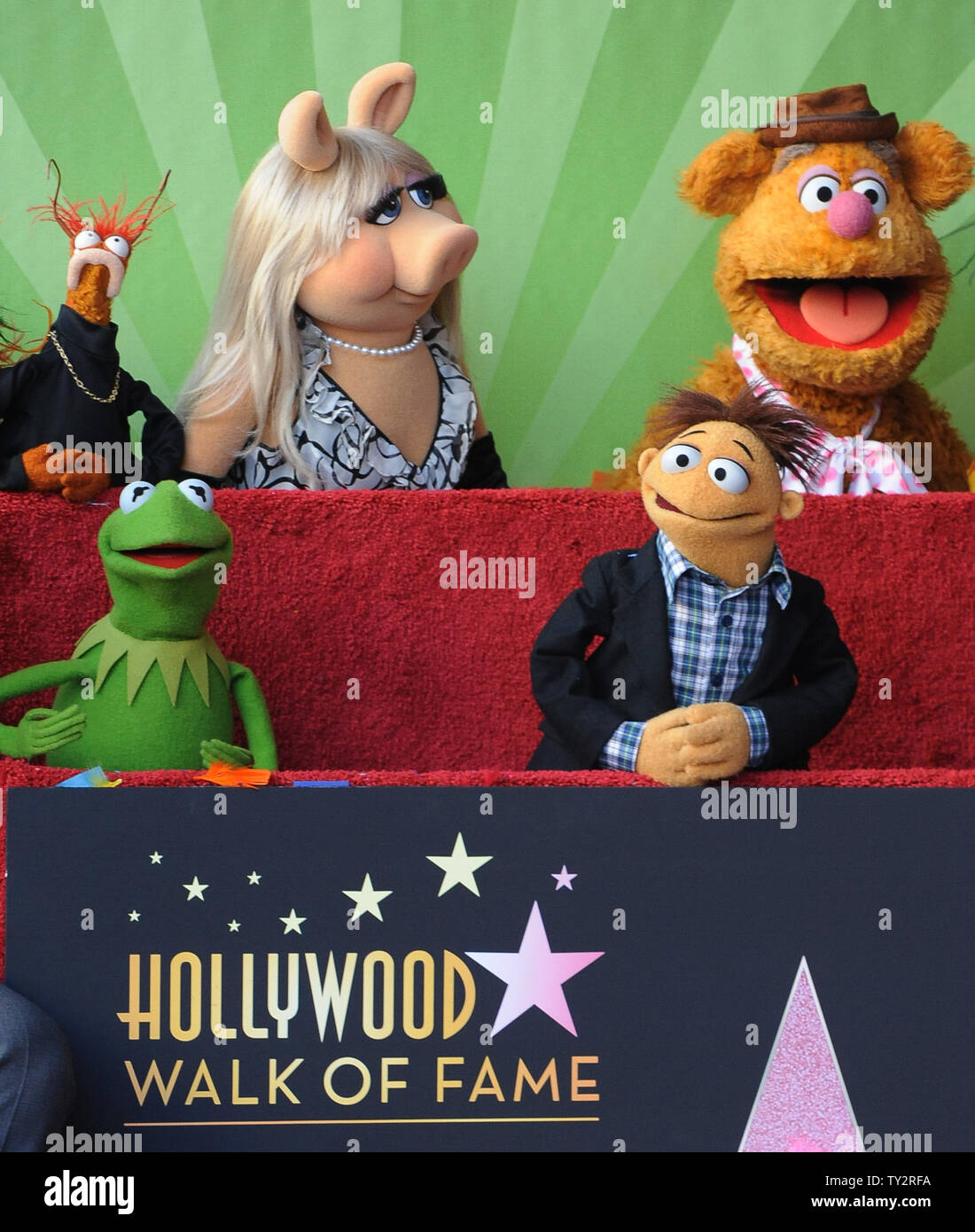 Muppets Pepe, Miss Piggy and Fozzie and, L-R, rear, and Kermit and Walter, L-R, center, and Sweetums, foreground attend the Inimitable Muppets unveiling ceremony honoring The Muppets  with the 2,466th star on the Hollywood Walk of Fame in Los Angeles on March 20, 2012. UPI/Jim Ruymen Stock Photo