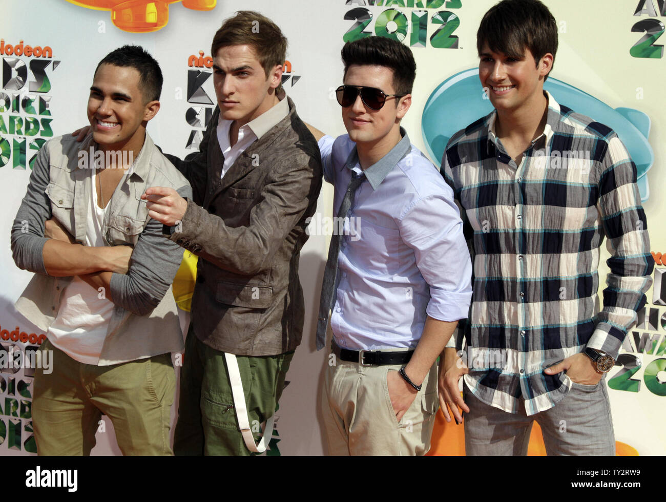 Actors Carlos Pena, Logan Henderson, Kendall Schmidt and James Maslow of Big Time Rush arrives for Nickelodeon's Kids' Choice Awards at USC's Galen Center in Los Angeles on March 31, 2012.  UPI/Jonathan Alcorn Stock Photo