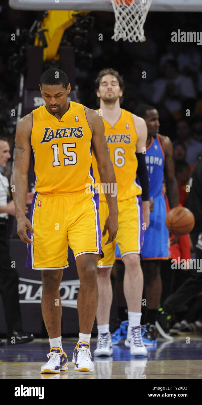 Los Angeles Lakers small forward Metta World Peace (15) and Pau Gasol (16) at the end of game 4 of the Western Conference Semifinals against the Oklahoma City Thunder at Staples Center in Los Angeles on May 19, 2012. The Thunder won 103-100. UPI /Lori Shepler Stock Photo