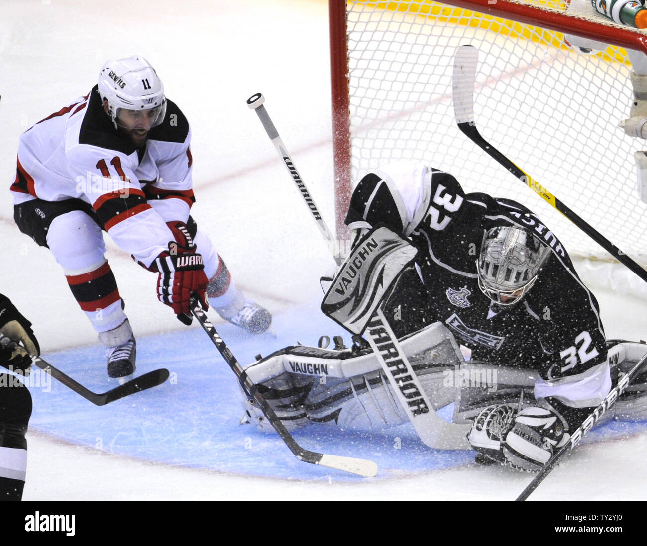 Los Angeles Kings goalies Stephane First looks at the second goal