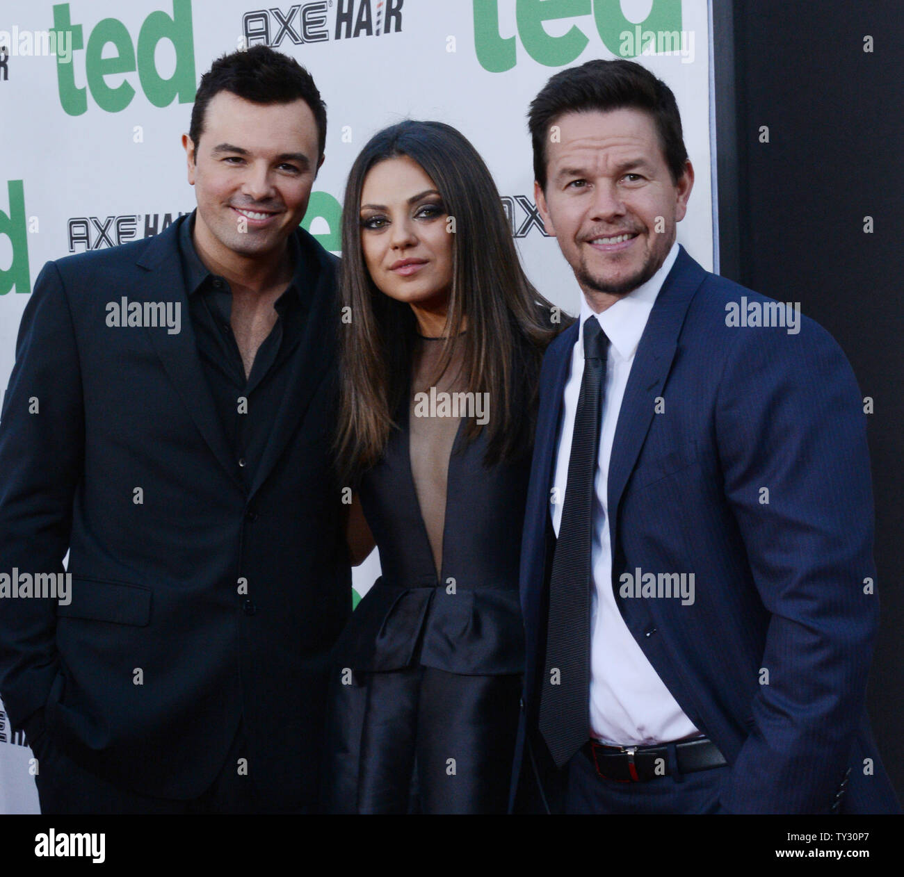 Seth MacFarlane, Mila Kunis and Mark Wahlberg, cast members in the motion  picture comedy "Ted", attend the premiere of the film at Grauman's Chinese  Theatre in the Hollywood section of Los Angeles