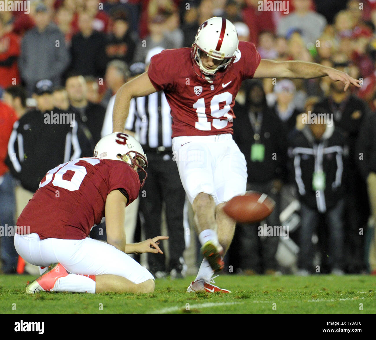Stanford Cardinal kicker Jordan Williamson (19) makes a field goal as Daniel Zychlinski (36) holds the ball , late in the second half of the 2013 Rose Bowl game against Wisconsin in Pasadena, California on January 1, 2013.  Stanford won 20 to 14. UPI/Lori Shepler Stock Photo