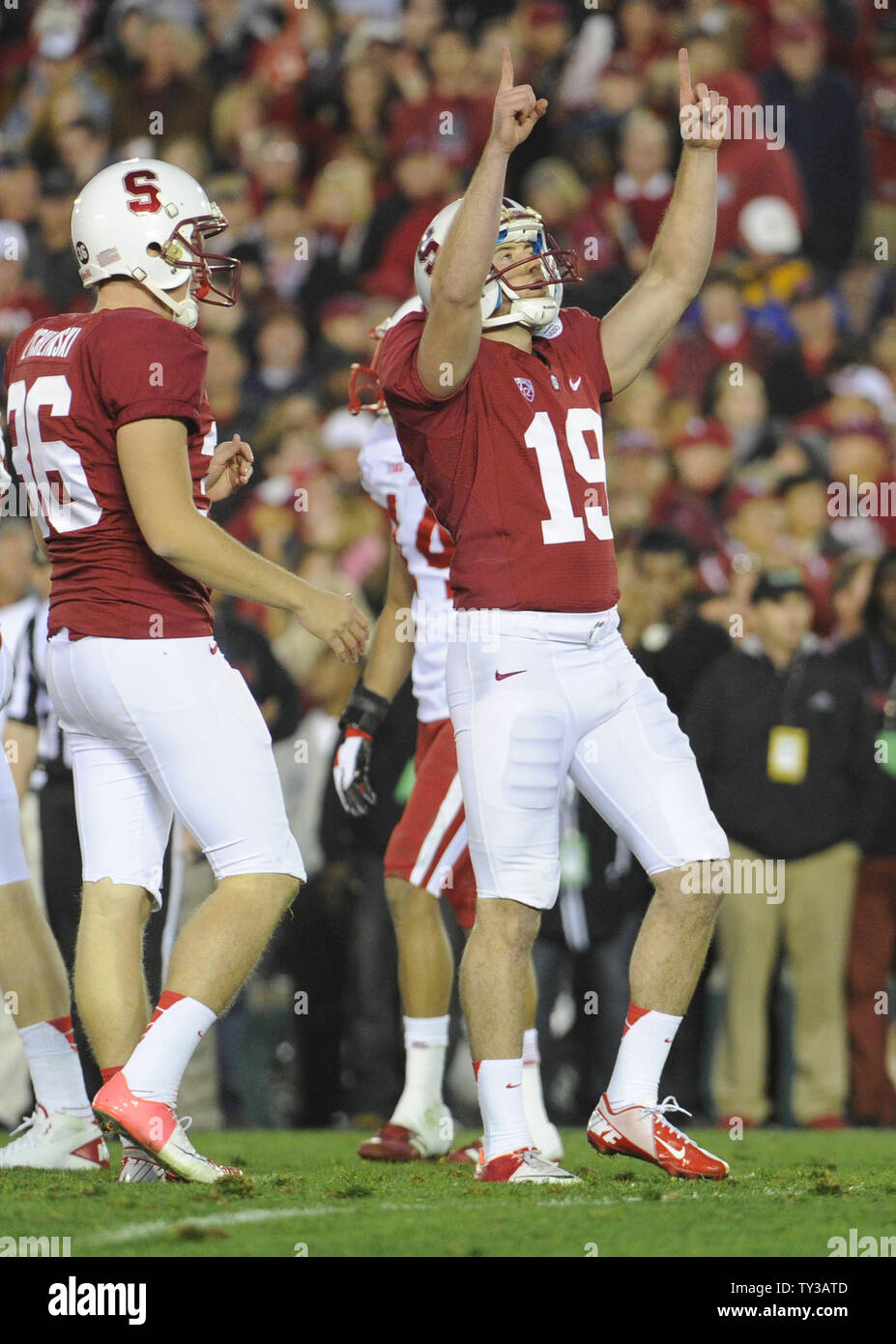 Stanford Cardinal kicker Jordan Williamson (19) celebrates after making a field goal in the second half of the 2013 Rose Bowl game against Wisconsin in Pasadena, California on January 1, 2013.  Stanford won 20 to 14. UPI/Lori Shepler Stock Photo