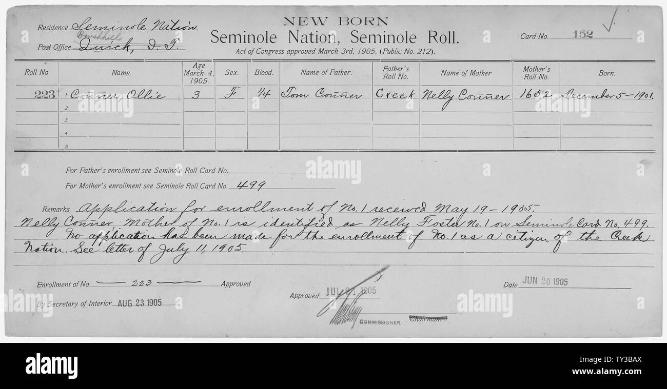 Enrollment for Seminole Census Card 152; Scope and content: Name: Losanna  Adams Type: By Blood Age: 35 Sex: Female Degree Indian Blood: AW Roll  Number: 531 City of Residence: th Name: Martin