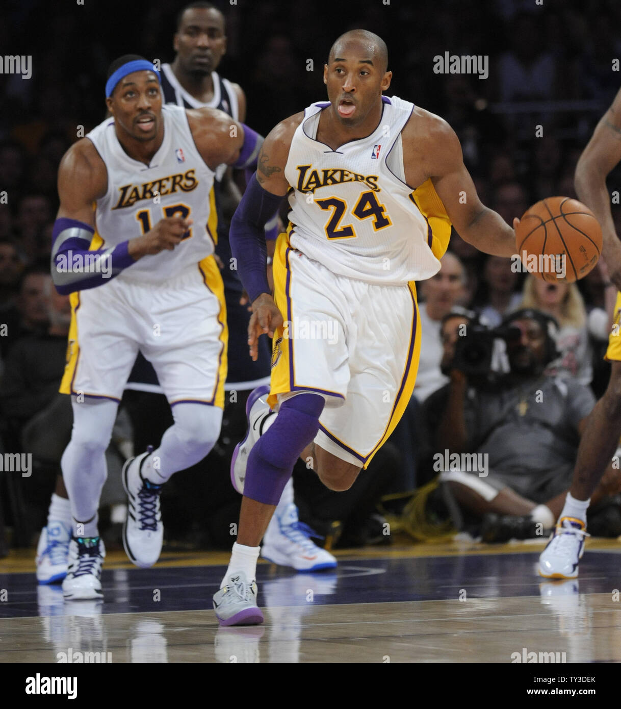Los Angeles Lakers shooting guard Kobe Bryant (24) brings the ball up court against the Oklahoma City Thunder in the first half at Staples Center in Los Angeles on January 27, 2013. UPI/Lori Shepler Stock Photo