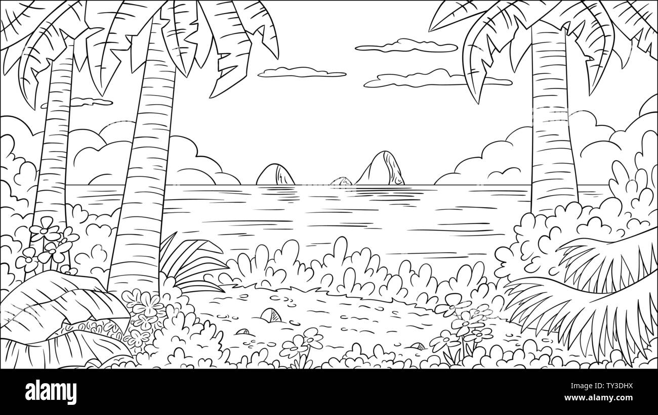 Coloring book tropical landscape. Hand draw vector illustration with separate layers. Stock Vector