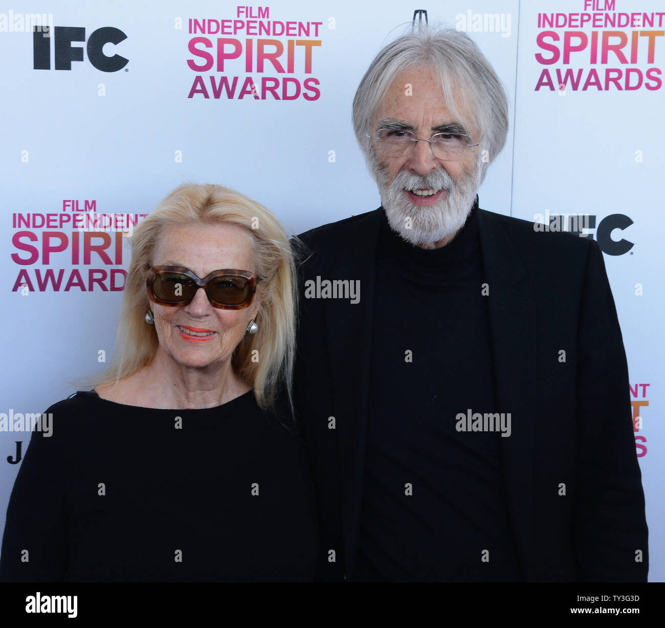 Director Michael Haneke (R) and wife Susanne Haneke attend the 28th annual Film Independent Spirit Awards in Santa Monica, California on February 23, 2013. UPI/Jim Ruymen Stock Photo