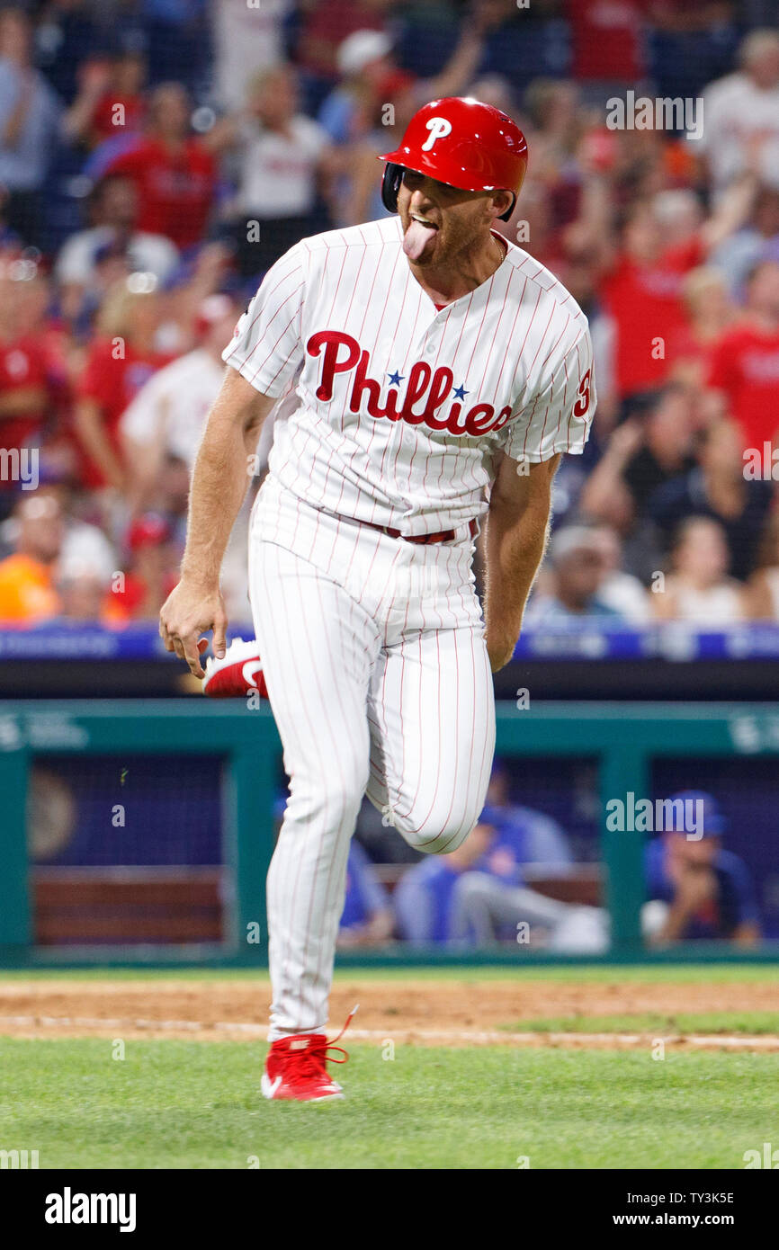 Philadelphia, Pennsylvania, USA. 25th June, 2019. Philadelphia Phillies' Brad  Miller (33) reacts to hitting a home run during the MLB game between the  New York Mets and Philadelphia Phillies at Citizens Bank
