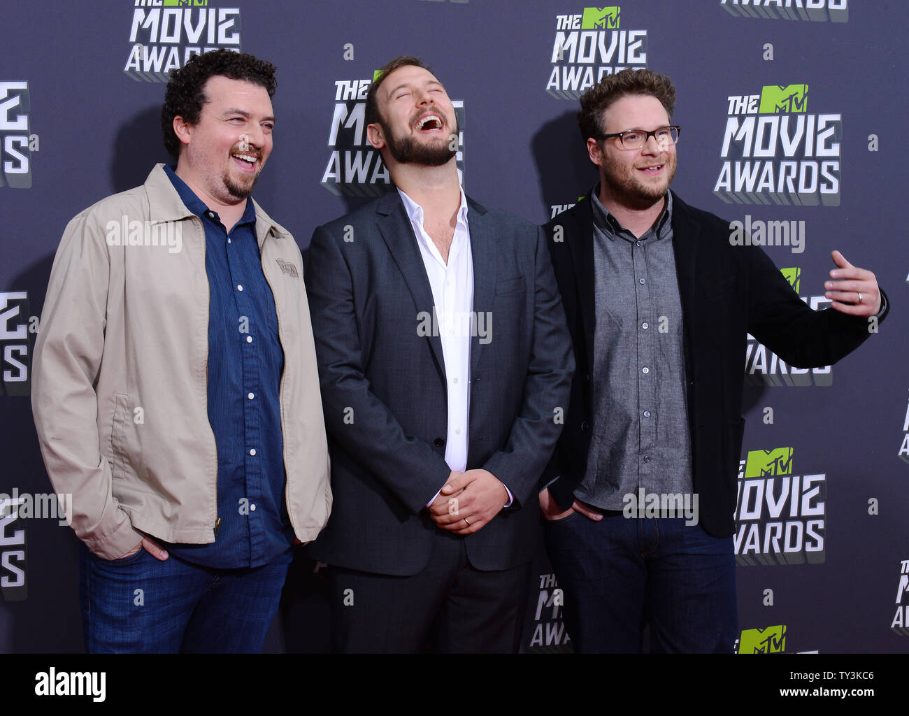 Actor Danny McBride, director Evan Goldberg and actor Seth Rogen arrive for The MTV Movie Awards at Sony Picture Studios in Culver City, California on April 14, 2013.  UPI/Jim Ruymen Stock Photo
