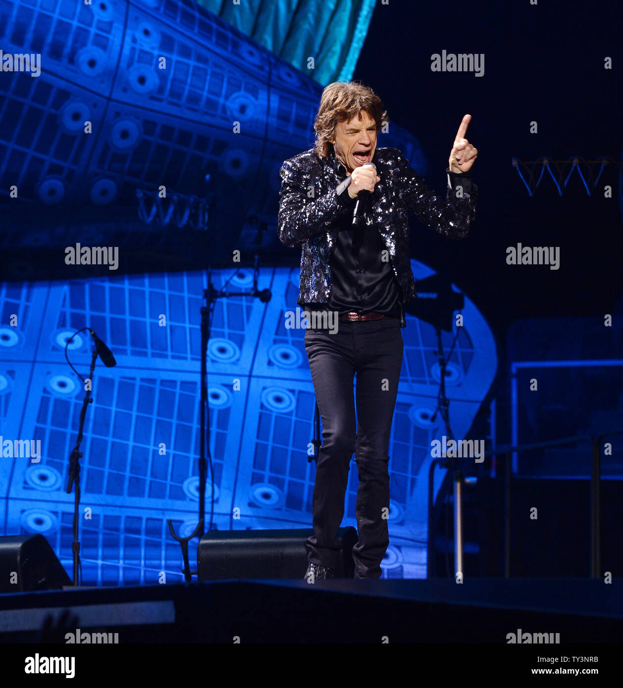 Mick Jagger of the Rolling Stones performs "It's Only Rock 'N' Roll (But I Like It)" onstage as part of the group's '50 and Counting' tour at Staples Center in Los Angeles on May 20, 2013.  UPI/Jim Ruymen Stock Photo