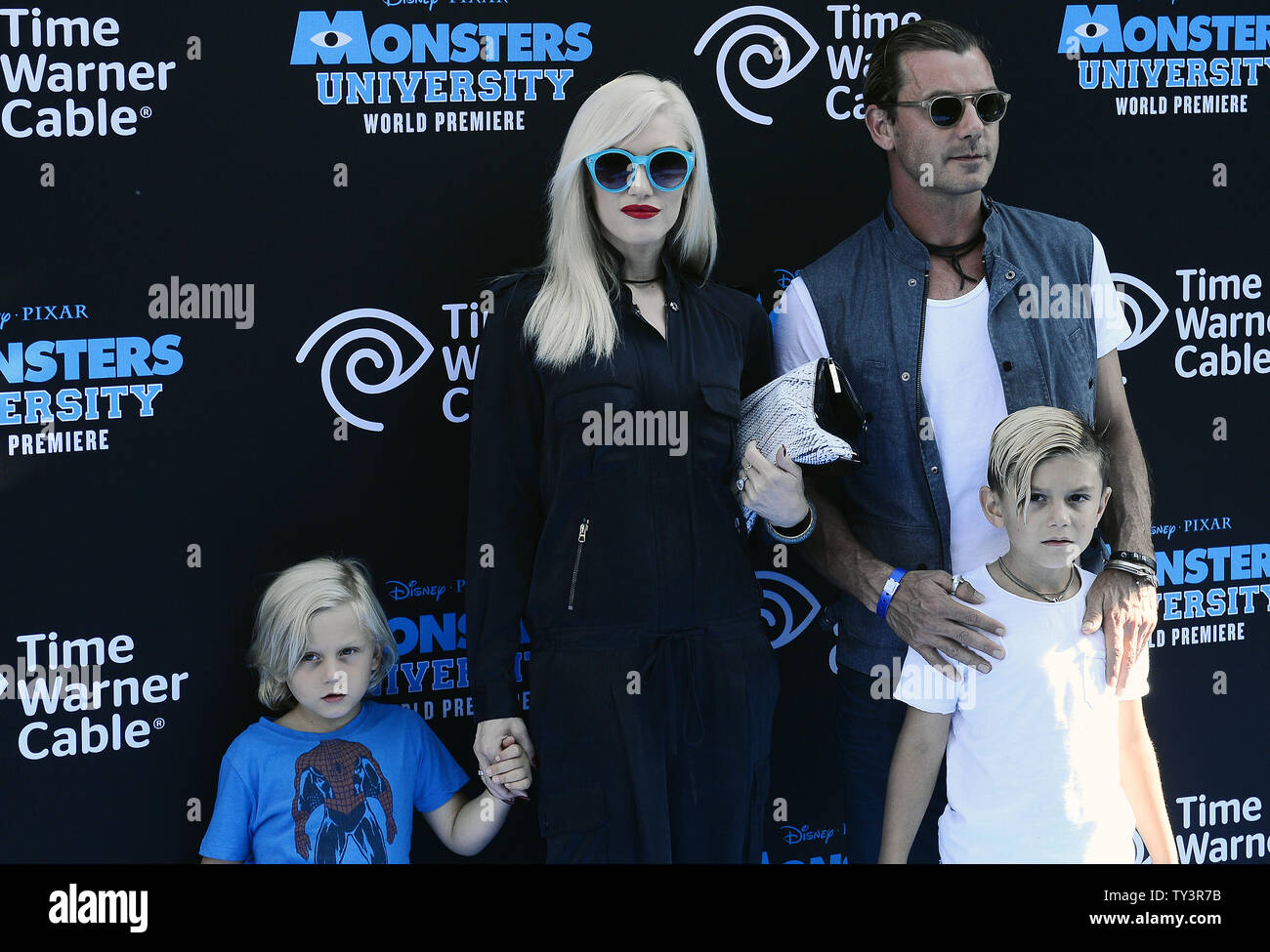 Singer-songwriter Gwen Stefani with husband Gavin Rossdale, and children Kingston Rossdale, and Zuma Nesta Rock Rossdale arrive for the 'Monsters University' premiere at the El Capitan Theatre in the Hollywood section of Los Angeles on June 17, 2013.     UPI/Jim Ruymen Stock Photo