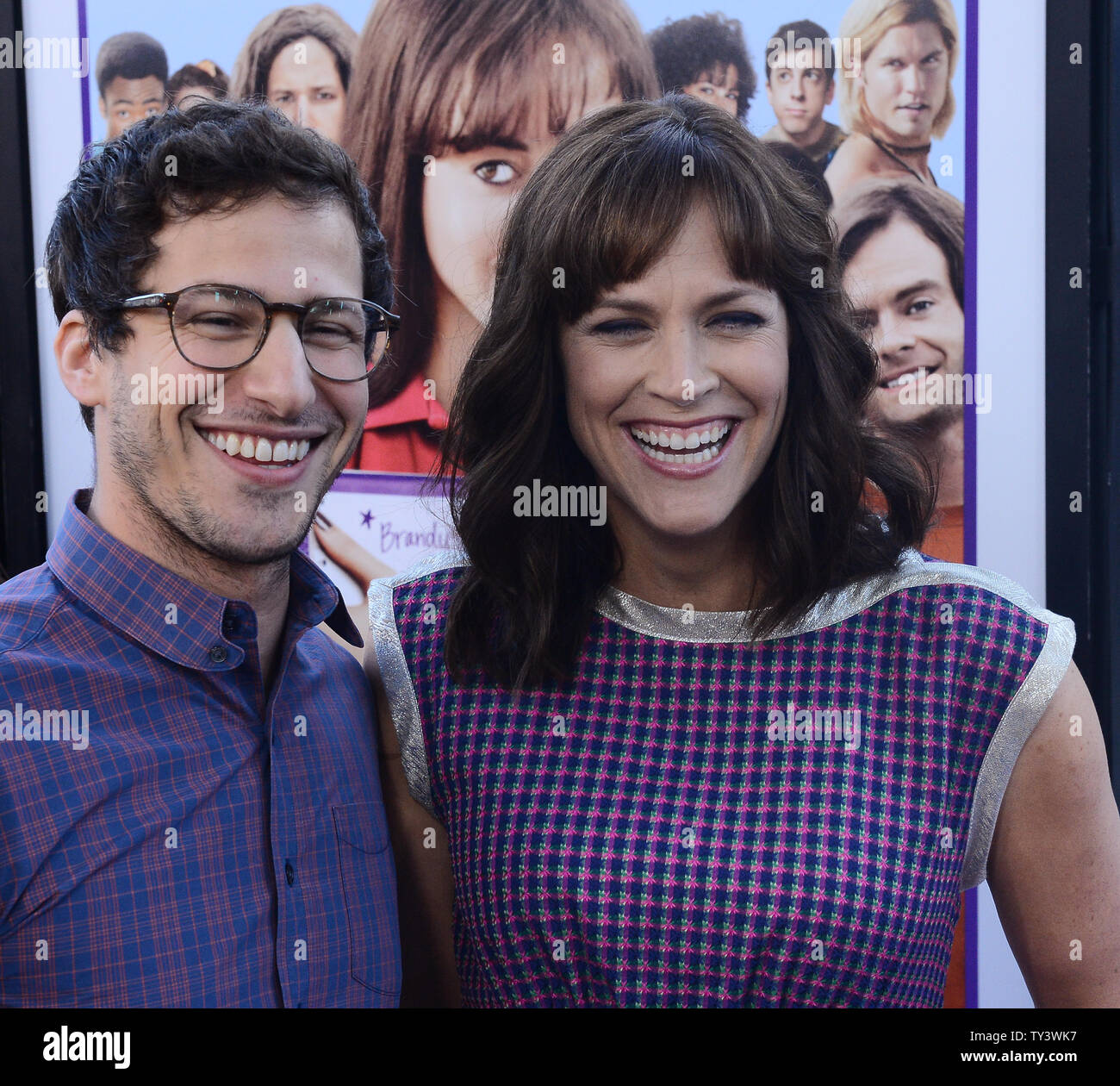 Director and writer Maggie Carey (R) and cast member Andy Samberg attend the premiere of her new motion picture comedy 'The To Do List', at the Bruin Theatre in the Westwood section of Los Angeles on July 23, 2013. 'The To Do List' is a comedy about a high school valedictorian, Brandy Clark played by Aubrey Plaza, who feels pressured to become more sexually experienced and makes a list of things to accomplish before attending college in the fall. UPI/Jim Ruymen Stock Photo