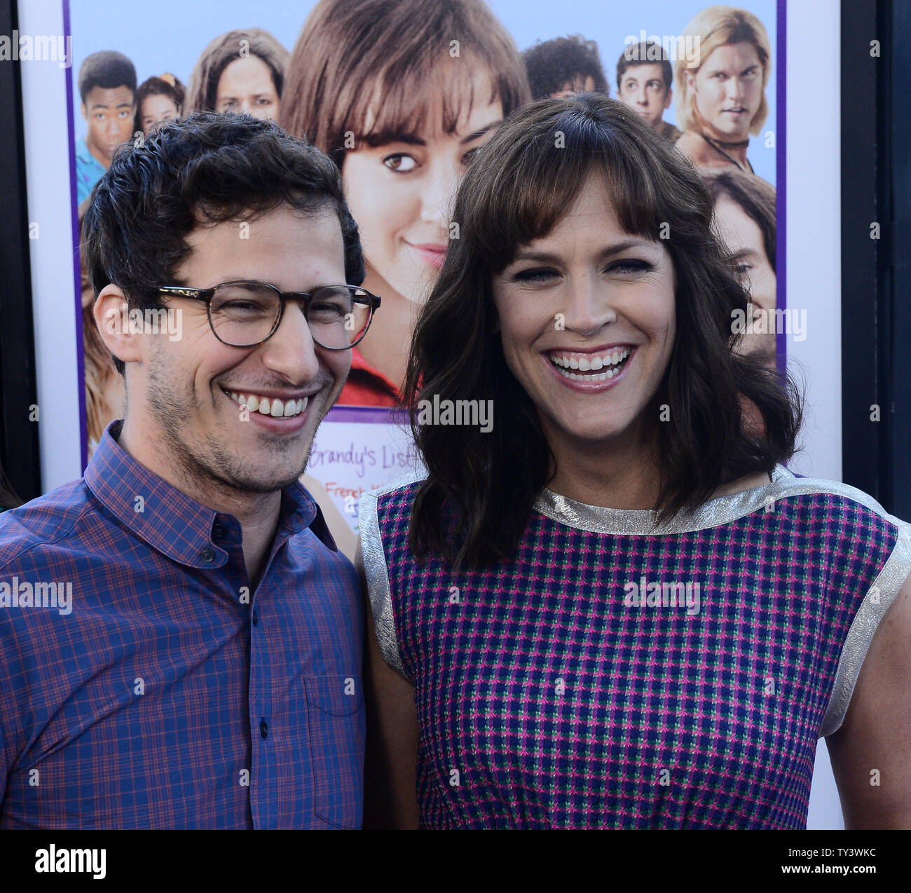 Director and writer Maggie Carey (R) and cast member Andy Samberg attend the premiere of her new motion picture comedy 'The To Do List', at the Bruin Theatre in the Westwood section of Los Angeles on July 23, 2013. 'The To Do List' is a comedy about a high school valedictorian, Brandy Clark played by Aubrey Plaza, who feels pressured to become more sexually experienced and makes a list of things to accomplish before attending college in the fall. UPI/Jim Ruymen Stock Photo