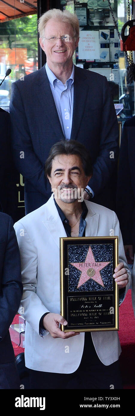 Actors Joe Mantegna, front, and Ed Begley Jr. attend the posthumous ceremony honoring the late actor Peter Falk with the 2,503rd star on the Hollywood Walk of Fame in Los Angeles on July 25, 2013. Falk, most famous for his role in the television series 'Colombo' died at the age of 83 on June 23, 2011 at his home in California.UPI/Jim Ruymen Stock Photo