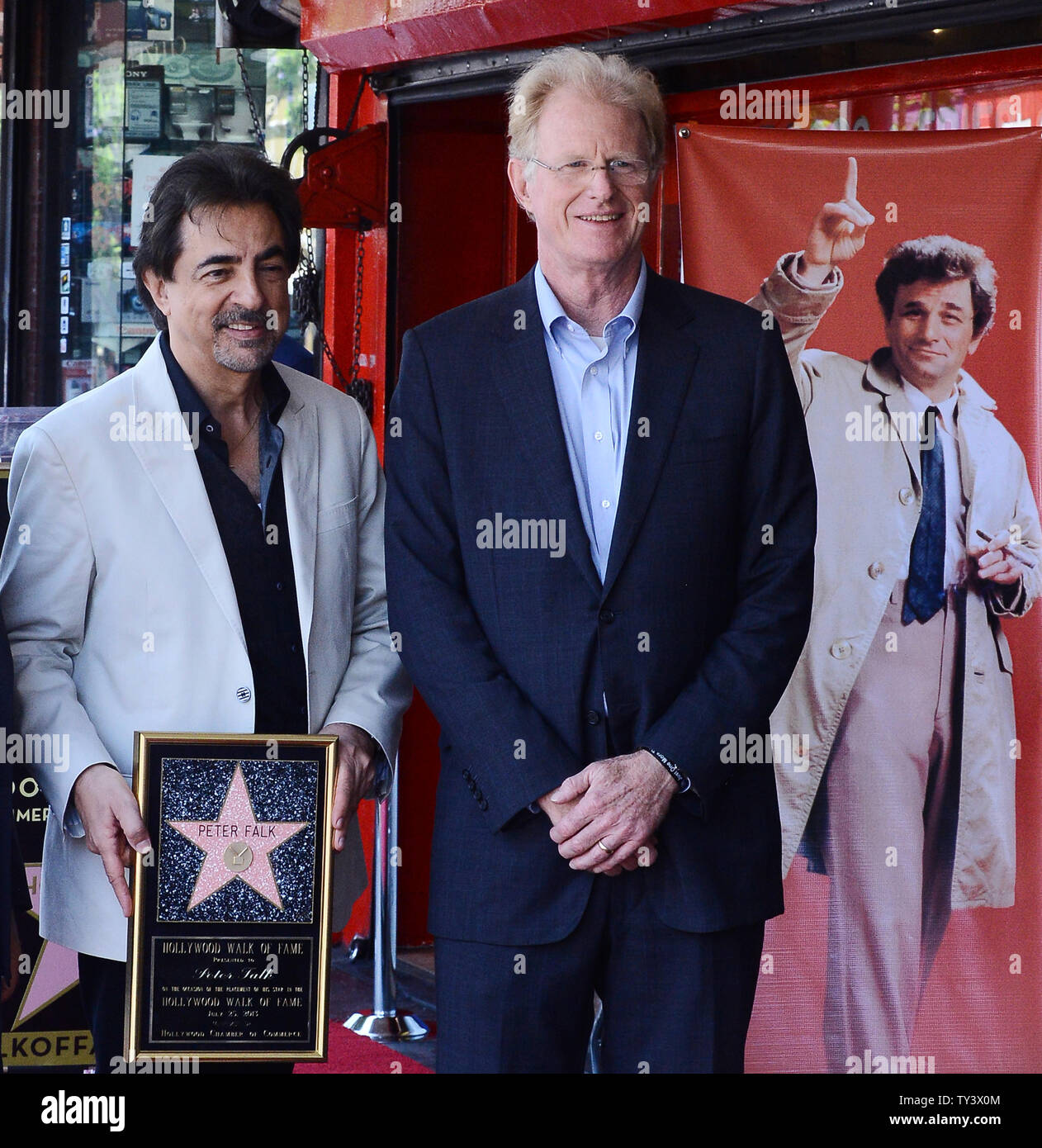 Actors Joe Mantegna (L) and Ed Begley Jr. attend the posthumous ceremony honoring the late actor Peter Falk with the 2,503rd star on the Hollywood Walk of Fame in Los Angeles on July 25, 2013. Falk, most famous for his role in the television series 'Colombo' died at the age of 83 on June 23, 2011 at his home in California.UPI/Jim Ruymen Stock Photo