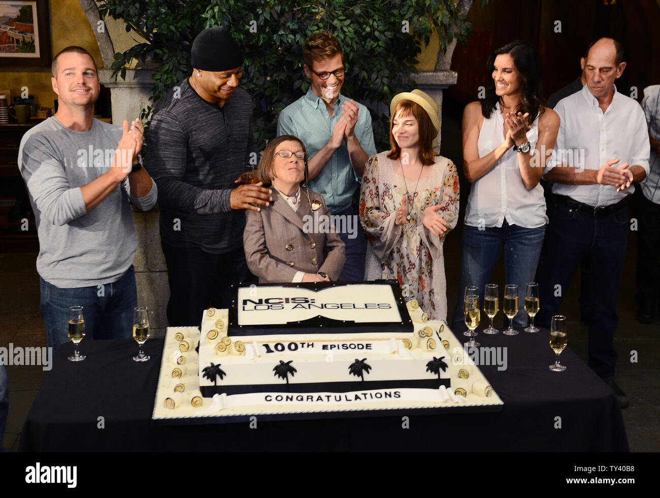 Cast members Chris O'Donnell, L.L. Cool J, Linda Hunt, Barrett Foa, Renee  Felice Smith, Daniela Ruah and Miguel Ferrer (L-R), attend a cake-cutting  ceremony to celebrate CBS' "NCIS: Los Angeles" filming of