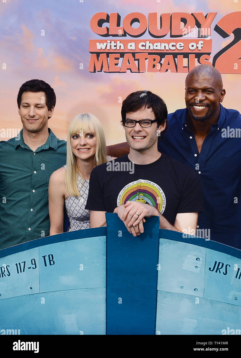 Cast members Andy Samberg, Anna Faris, Bill Hader and Terry Crews (L-R) gather for a photo call for Columbia Pictures' "Cloudy With A Chance Of Meatballs 2", at the Four Seasons Hotel in Los Angeles on September 15, 2013. The sequel picks up where Sony Pictures AnimationÕs mouth-watering comedy left off. Inventor Flint Lockwood thought he saved the world when he destroyed his most infamous invention -- a machine that turned water into food causing cheeseburger rain and spaghetti tornadoes. But Flint soon learns that his invention survived and is now creating food-animals C "foodimals!"  Flint Stock Photo